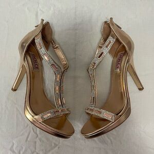 Rose Gold Crystal T-Strap High Heel Sandals